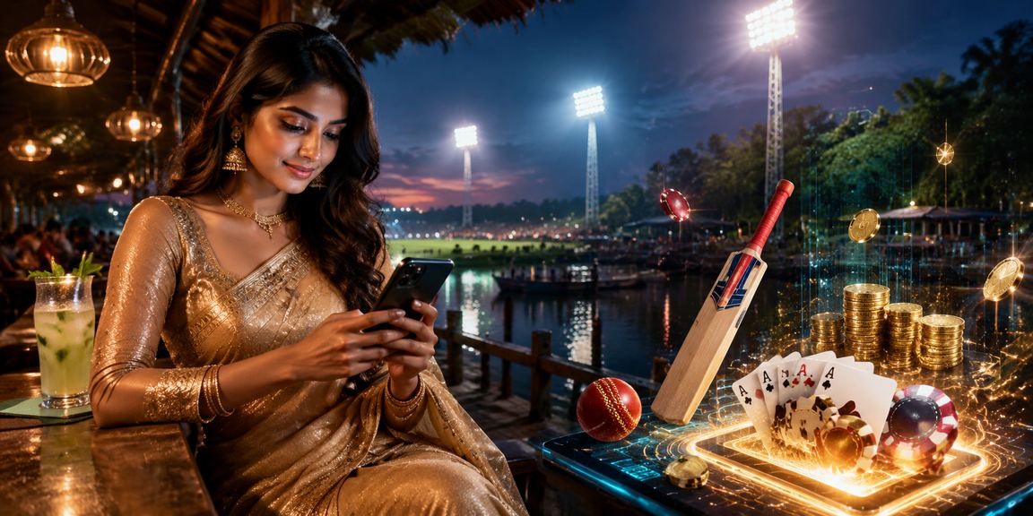 খুলনায় শাড়ি পরিহিতা একজন খেলোয়াড় মোবাইলে ক্রিকেট বেটিং অ্যাপ ব্যবহার করছেন