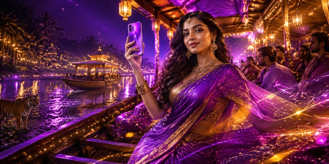 সুন্দরবন এলাকায় শাড়ি পরিহিতা একজন খেলোয়াড় মোবাইলে ক্যাসিনো অ্যাপ ব্যবহার করছেন